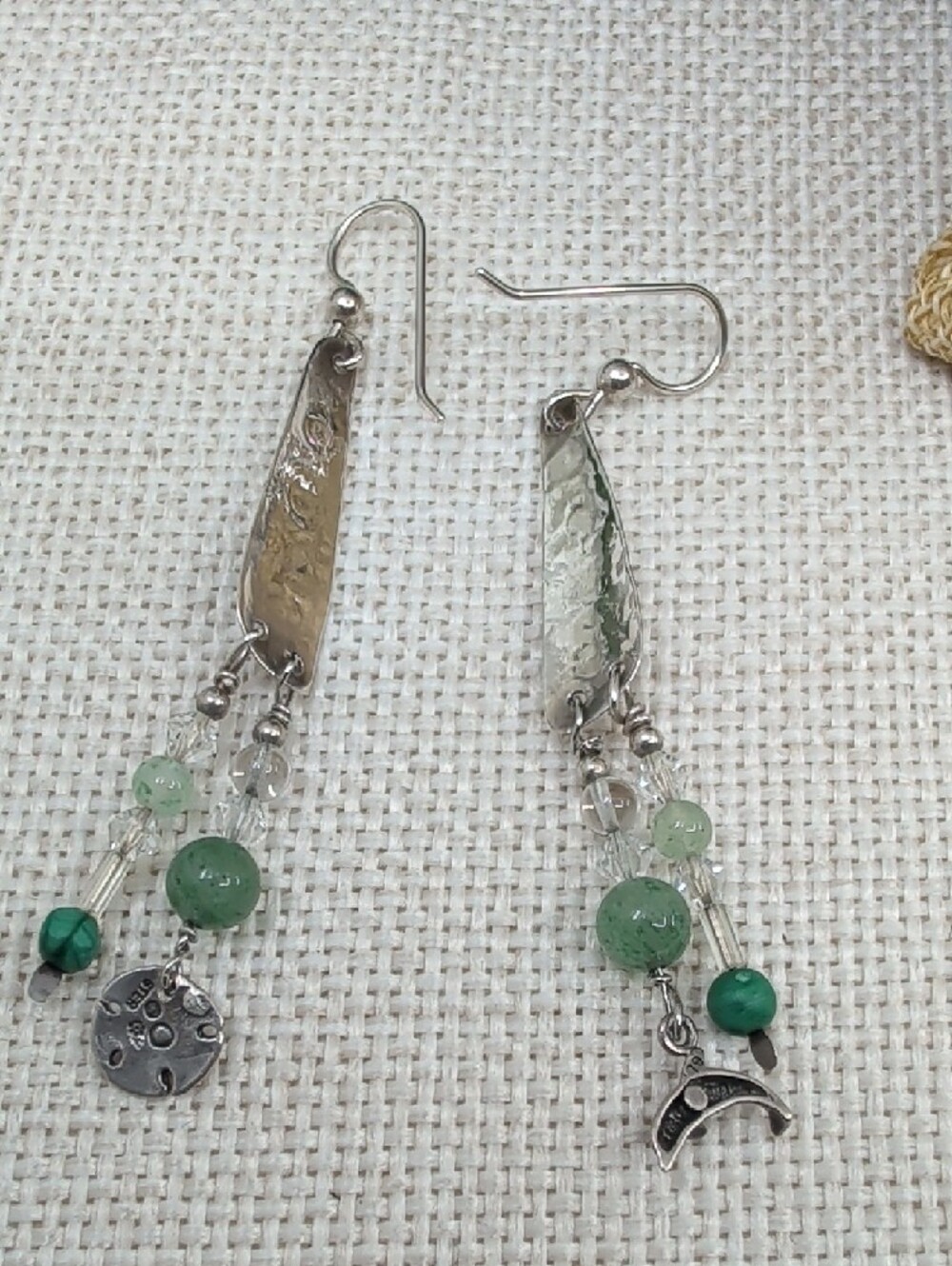 Vintage 925 Sterling Silver Green Stone Dolphin Sand Dollar Dangle Earrings - Picture 16 of 17